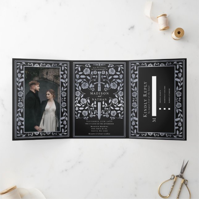 Black Royal Medieval Silver Sword Wedding  Tri-Fold Invitation (Inside)