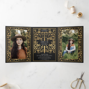 Black Royal Medieval Sword Photo Graduation Party  Tri-Fold Invitation