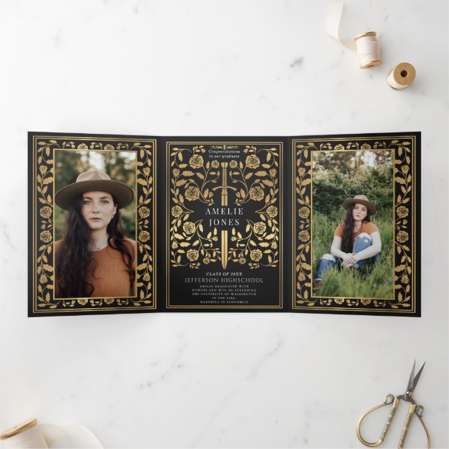 Black Royal Medieval Sword Photo Graduation Party  Tri-Fold Invitation (Inside)