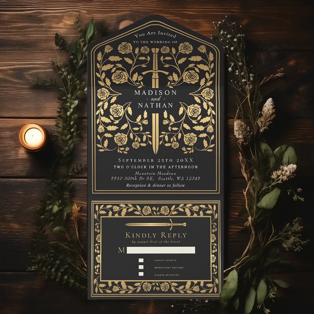 Black Royal Medieval Sword Wedding  All In One Invitation (Creator Uploaded)