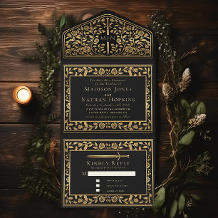 Black Royal Medieval Sword Wedding  All In One Invitation