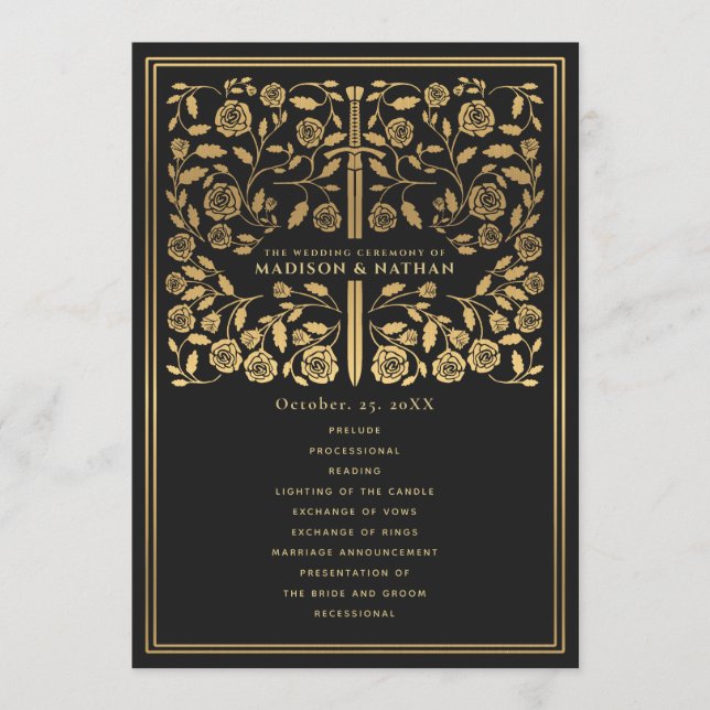 Black Royal Medieval Sword Wedding Program (Front)