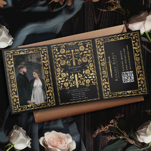 Black Royal Medieval Sword Wedding QR Code Tri-Fold Invitation