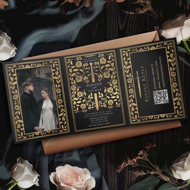 Black Royal Medieval Sword Wedding QR Code Tri-Fold Invitation (Creator Uploaded)