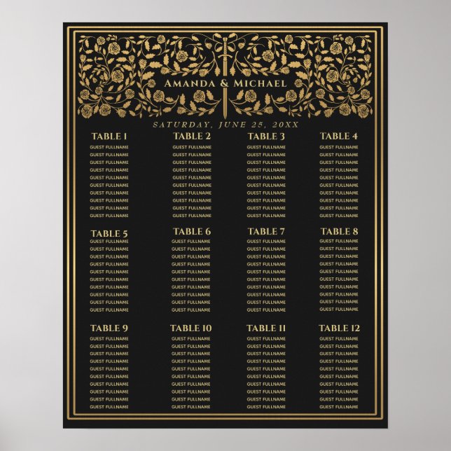 Black Royal Medieval Sword Wedding Seating Chart (Front)