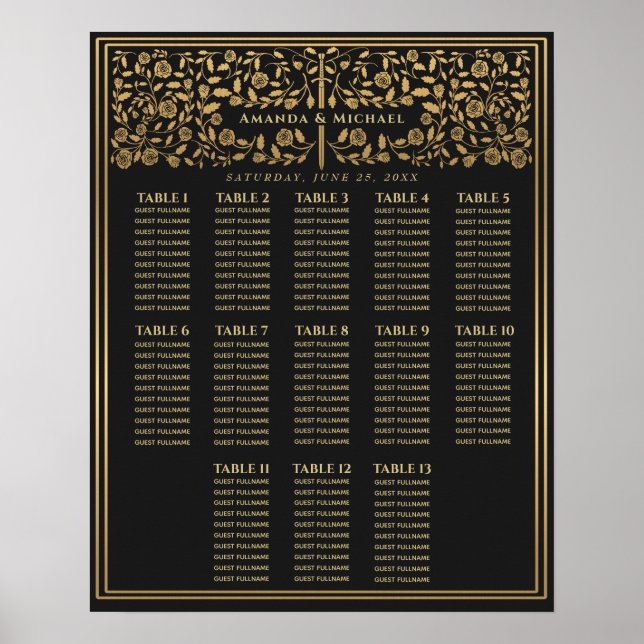 Black Royal Medieval Sword Wedding Seating Chart (Front)