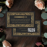 Black Royal Sword Wedding Website RSVP QR Code  Enclosure Card<br><div class="desc">Step into a world of enchantment with our medieval fantasy RSVP cards. Adorned with a golden floral frame and sword icon against a black background, each card features a QR code for easy responses. Perfect for a wedding filled with magic and adventure, to make your wedding legendary. The gold featured...</div>