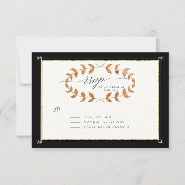Black RSVP Response Copper Rose Gold Laurel Wreath (Front)
