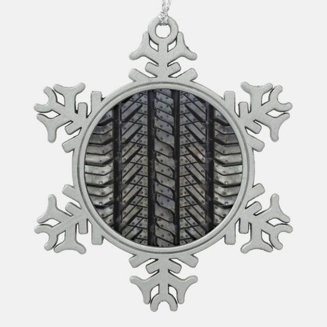 Black Rubber Tire Thread Texture Design Snowflake Pewter Christmas Ornament (Front)