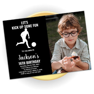 Black Running Soccer Birthday Invitations w photo
