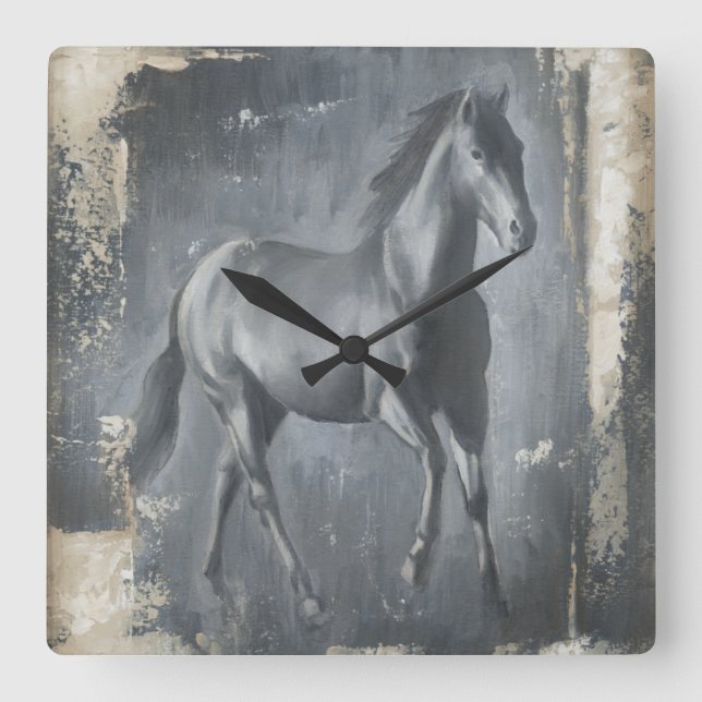 Black Running Stallion Square Wall Clock (Front)