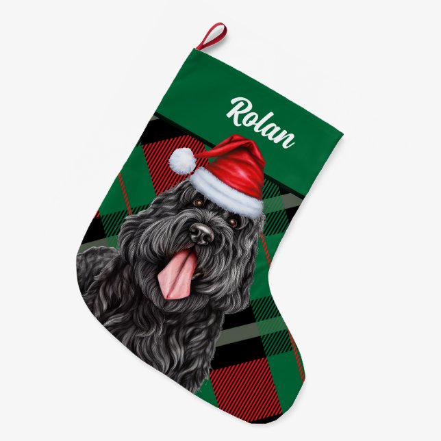 Black Russian Terrier Holiday Plaid Dog's Name Large Christmas Stocking (Front (Hanging))