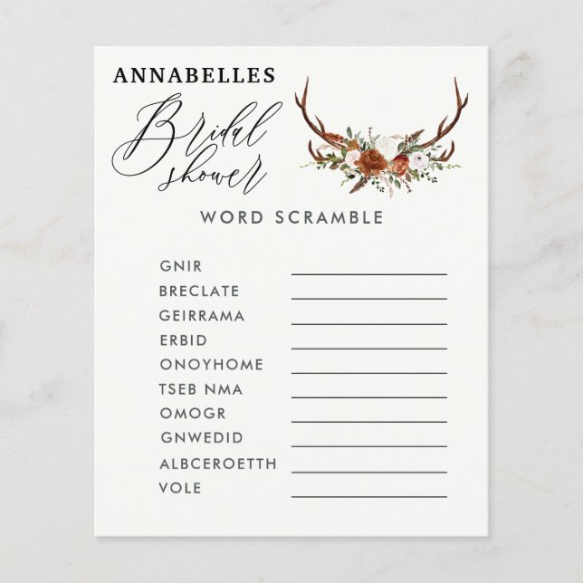 Black rust floral rustic bridal shower party game (Front)