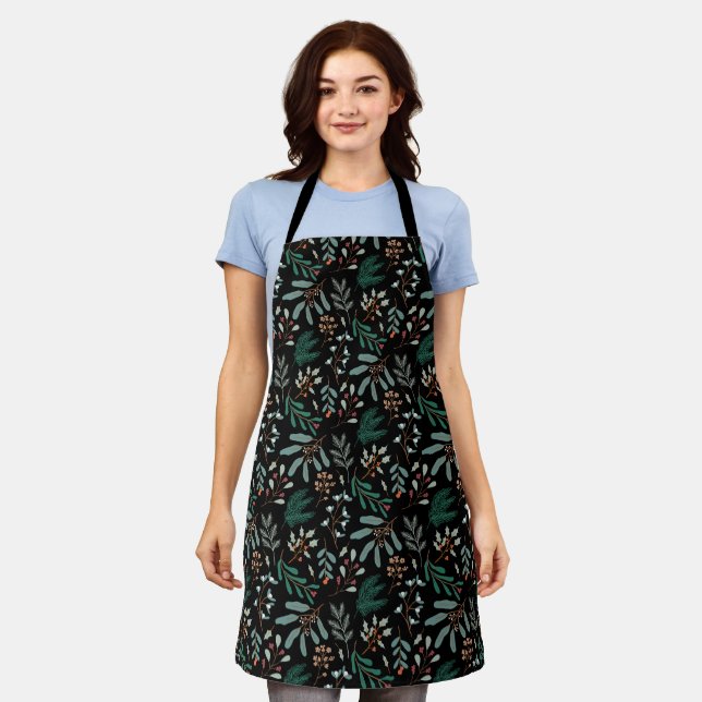 Black Rustic Christmas Botanical Pattern Apron (Worn)
