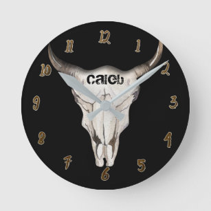 Black Rustic Cow Bull Head Skull Horns Custom Round Clock