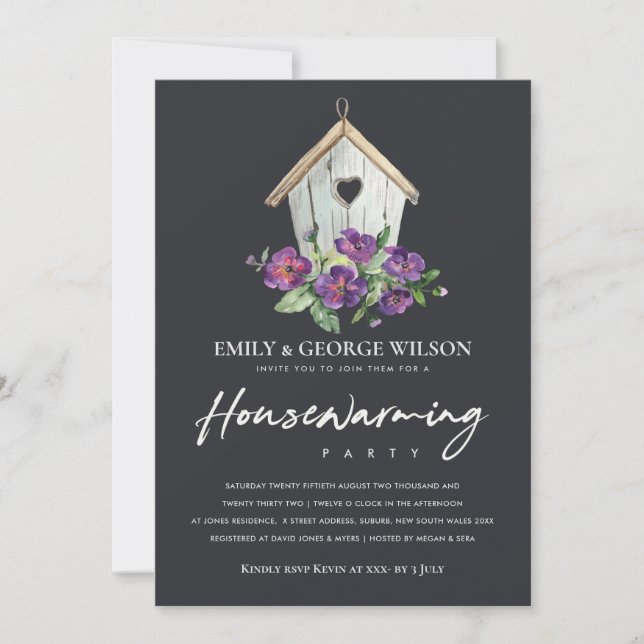 BLACK RUSTIC FLORAL BIRD HOUSE HOUSEWARMING PARTY INVITATION (Front)