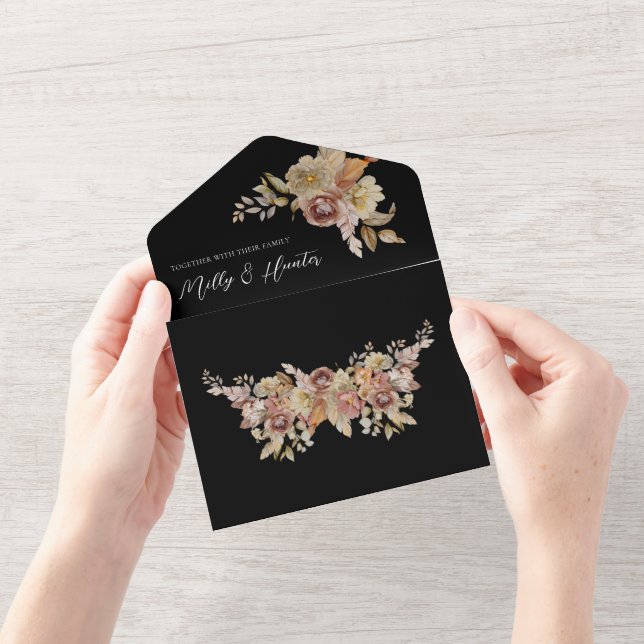 Black Rustic Floral tout en un mariage Invitation (Ouverture)