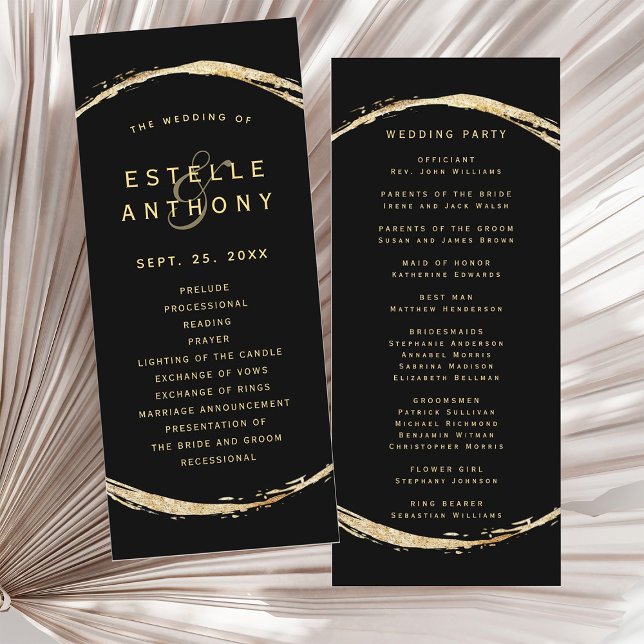 Black Rustic Gold Circle Frame Ampersand Wedding Program (Front & Back)