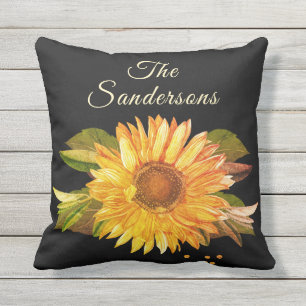 Black Rustic Golden Yellow Sunflower Outdoor Pillow