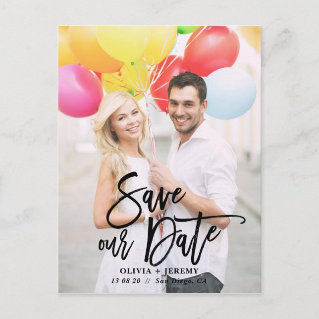 Black Rustic Hand Lettering Photo Save Our Date Announcement Postcard (Front)