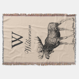 Black Rustic Moose Illustration - Personalized Throw Blanket