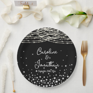 Black Rustic String Lights Wedding Paper Plate
