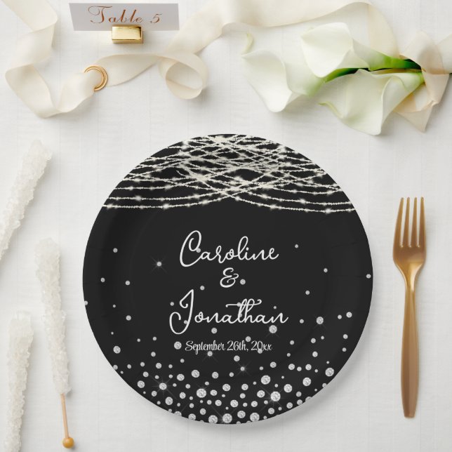 Black Rustic String Lights Wedding Paper Plate (Wedding)