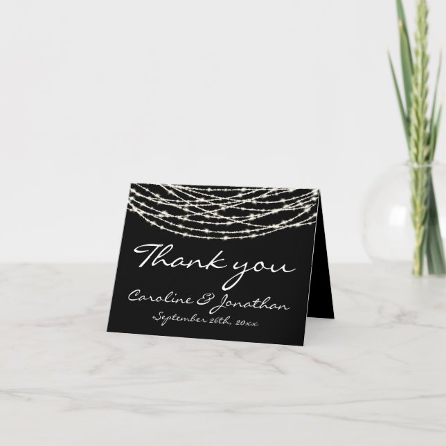 Black Rustic String Lights Wedding Thank You Card (Front)