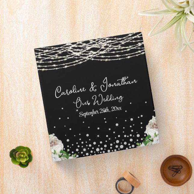 Black Rustic White Roses String Lights Wedding Binder (In Situ)
