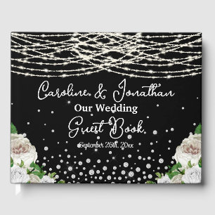 Black Rustic White Roses String Lights Wedding Guest Book