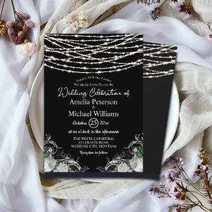 Black Rustic White Roses String Lights Wedding Invitation