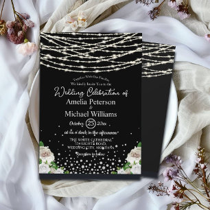 Black Rustic White Roses String Lights Wedding Invitation