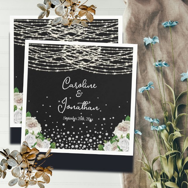 Black Rustic White Roses String Lights Wedding Napkin (Creator Uploaded)