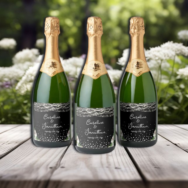 Black Rustic White Roses String Lights Wedding Sparkling Wine Label (Creator Uploaded)