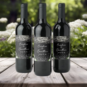 Black Rustic White Roses String Lights Wedding Wine Label