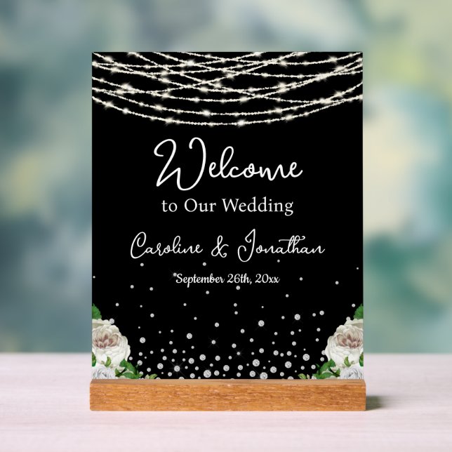 Black Rustic White Roses String Lights Welcome Acrylic Sign (Neutral)