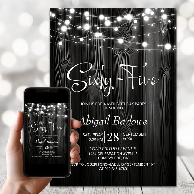 Black Rustic Wood 65th Birthday Party Invitation (Creator Uploaded)