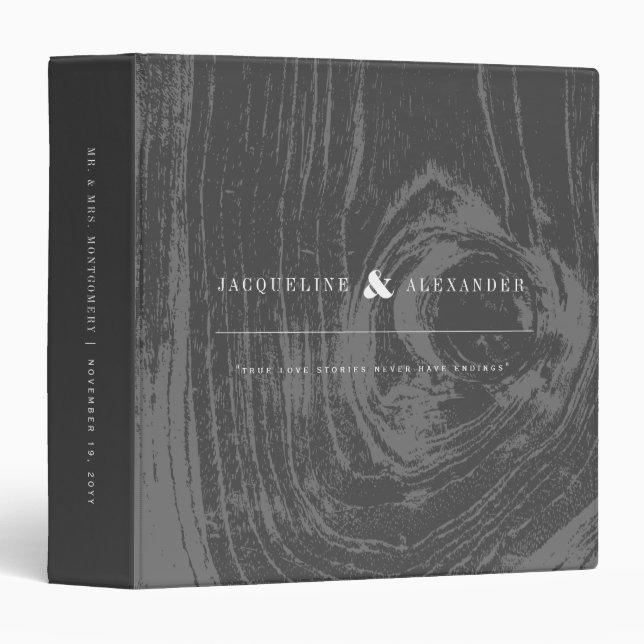 Black Rustic Woodgrain Chic Winter Wedding Journal Binder (Front/Spine)