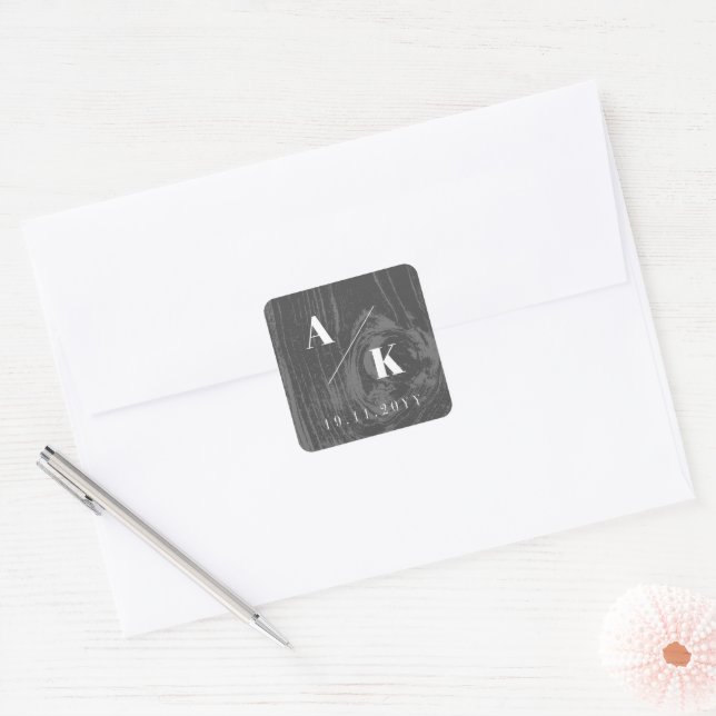 Black Rustic Woodgrain Texture Chic Winter Wedding Square Sticker (Envelope)