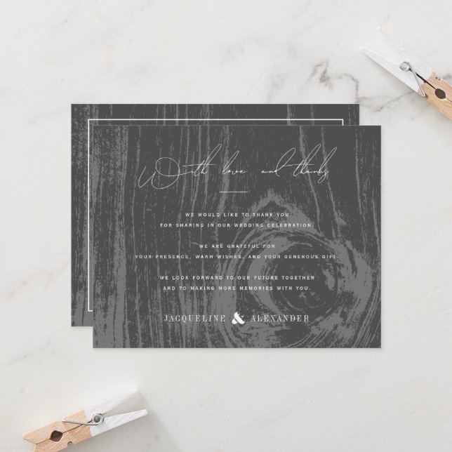 Black Rustic Woodgrain Winter Wedding Thank You Invitation (Front/Back In Situ)