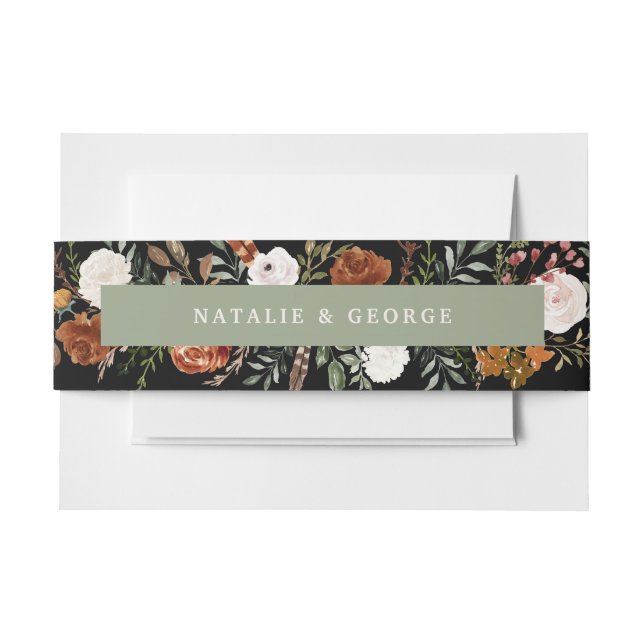 Black sage green botanical elegant modern floral invitation belly band (Front Example)