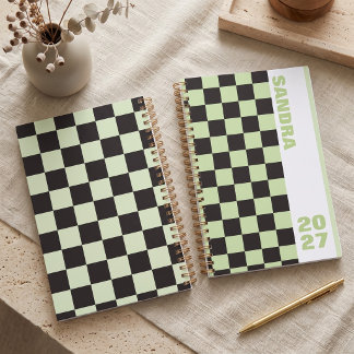 Black Sage Green Retro Chequerboard Custom Name Planner