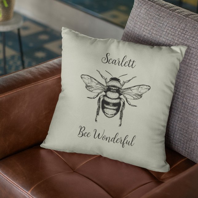 Black Sage Green Vintage Bee Personalize Throw Pillow (Creator Uploaded)