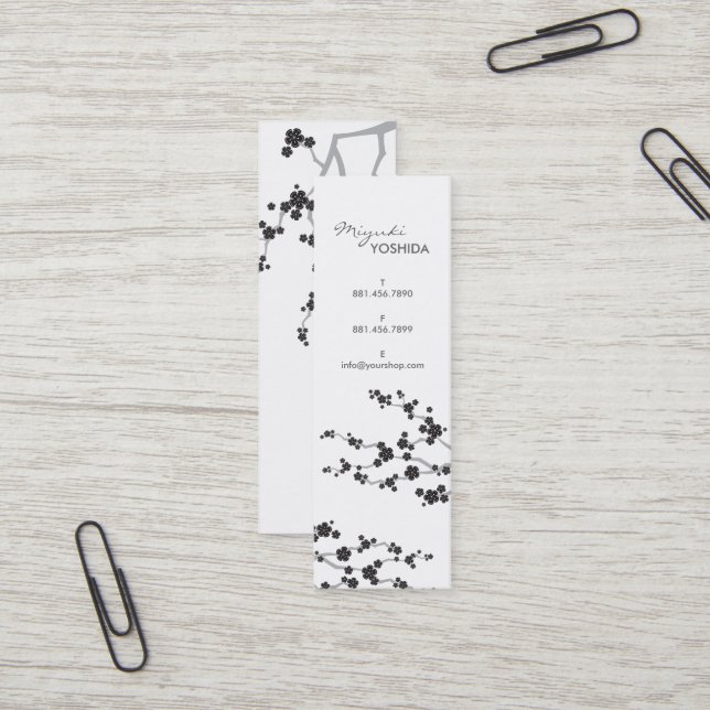 Black Sakura Cherry Blossoms Flowers Oriental Zen Mini Business Card (Front/Back In Situ)