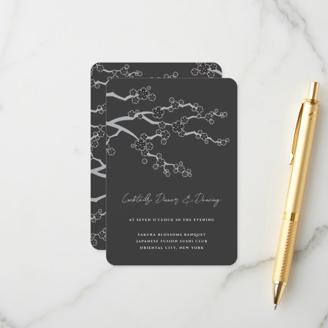 Black Sakura Cherry Blossoms Zen Wedding Reception Enclosure Card (Front/Back In Situ)