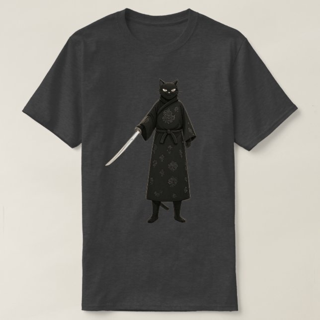 Black Samurai Cat Black Kimono T-Shirt (Design Front)