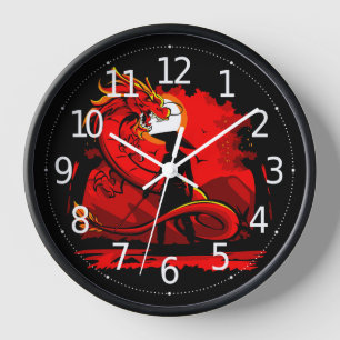 Black Samurai Red Dragon Japanese Style Artwork Clock