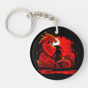 Black Samurai Red Dragon Japanese Style Artwork Keychain