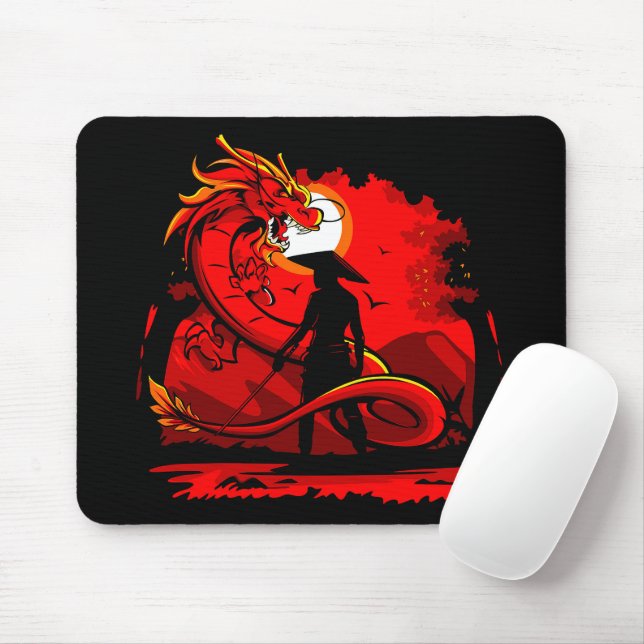Black Samurai Red Dragon Japanese Style Artwork | Mouse Pad (With Mouse)
