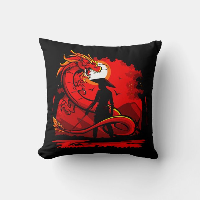 Black Samurai Red Dragon Japanese Style Artwork | Throw Pillow (Front)